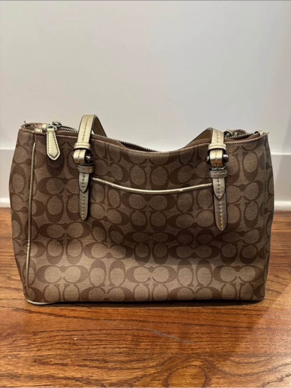 Coach Brown Signature Monogram Tote with Cream Trim - Picture 2 of 9